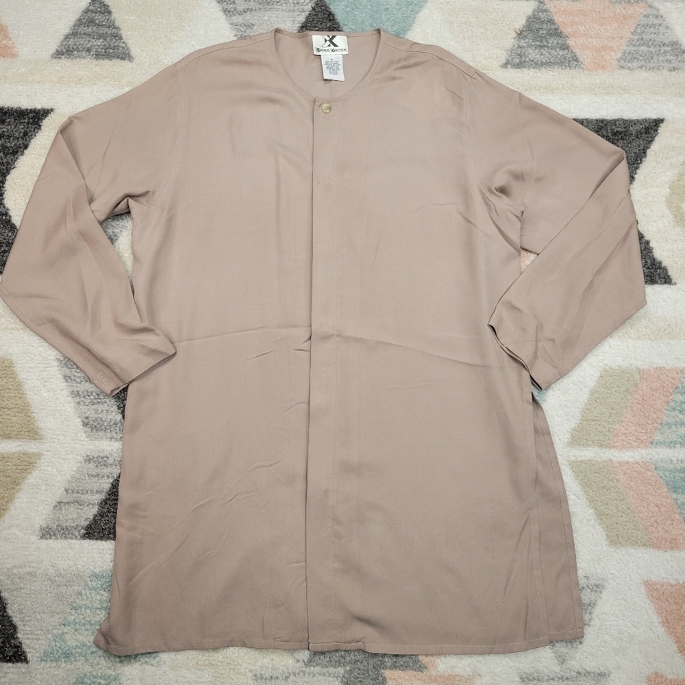 VTG Xriss Xross beige tan silk button front tunic long sleeve shirt blouse